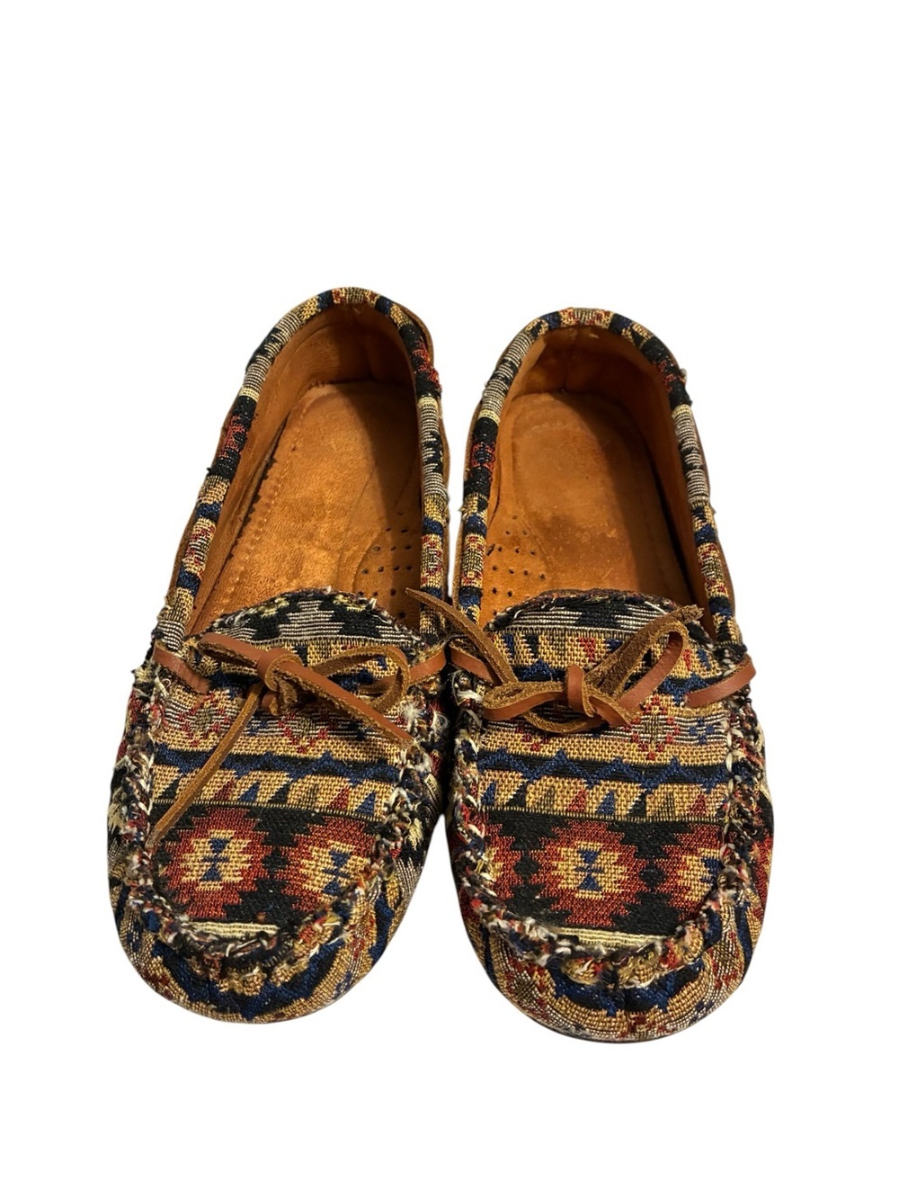 Brown Boho Tapestry Moccasin Slippers with Multi-Color Pattern